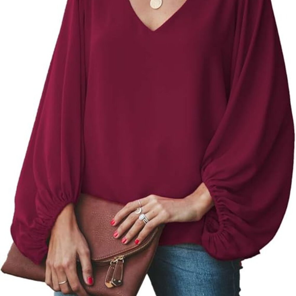 V Neck Chiffon Blouses Casual Balloon Sleeve Floral Print Shirts Tops